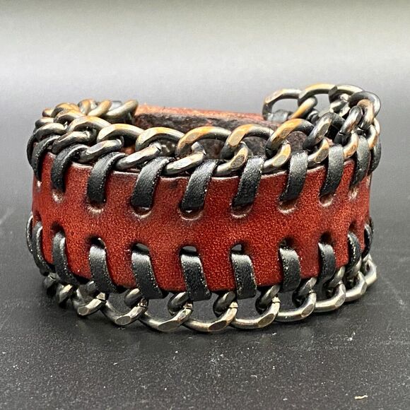 Handcrafted Leather & Chain Snap Bracelet Punk Rock Unisex - Picture 1 of 7
